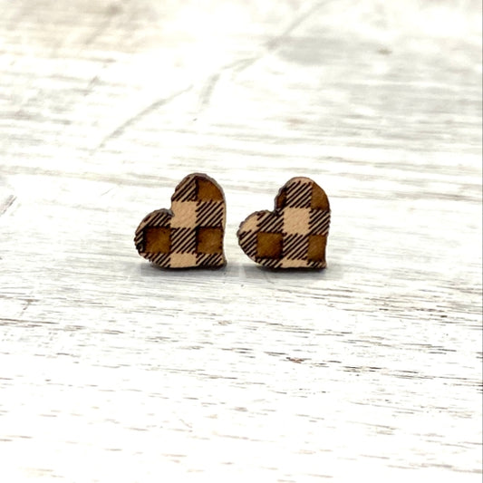 Buffalo Plaid Wood Heart Studs