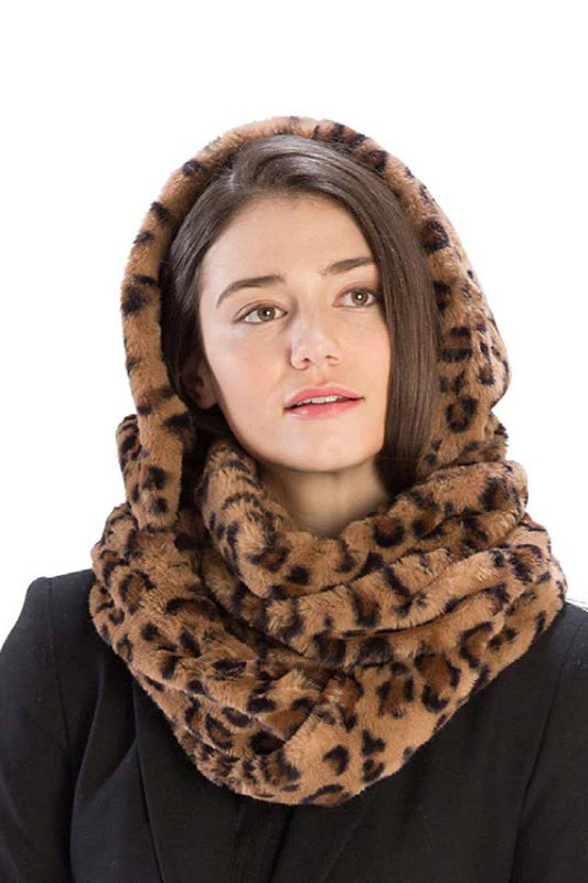 Printed Faux Fur Infinity Scarf With Hood